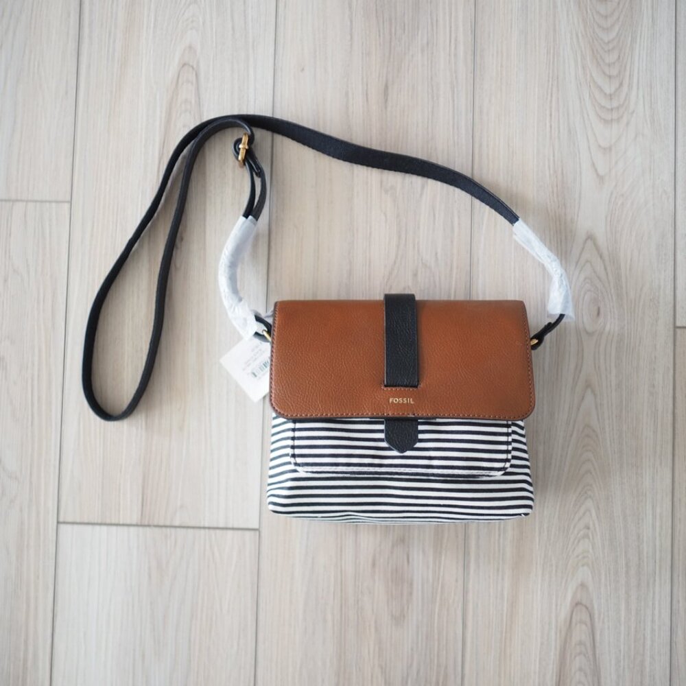 NWT FOSSIL Kinley Front Flap Pocket Crossbody Black White Striped Tan Leather - Picture 3 of 13